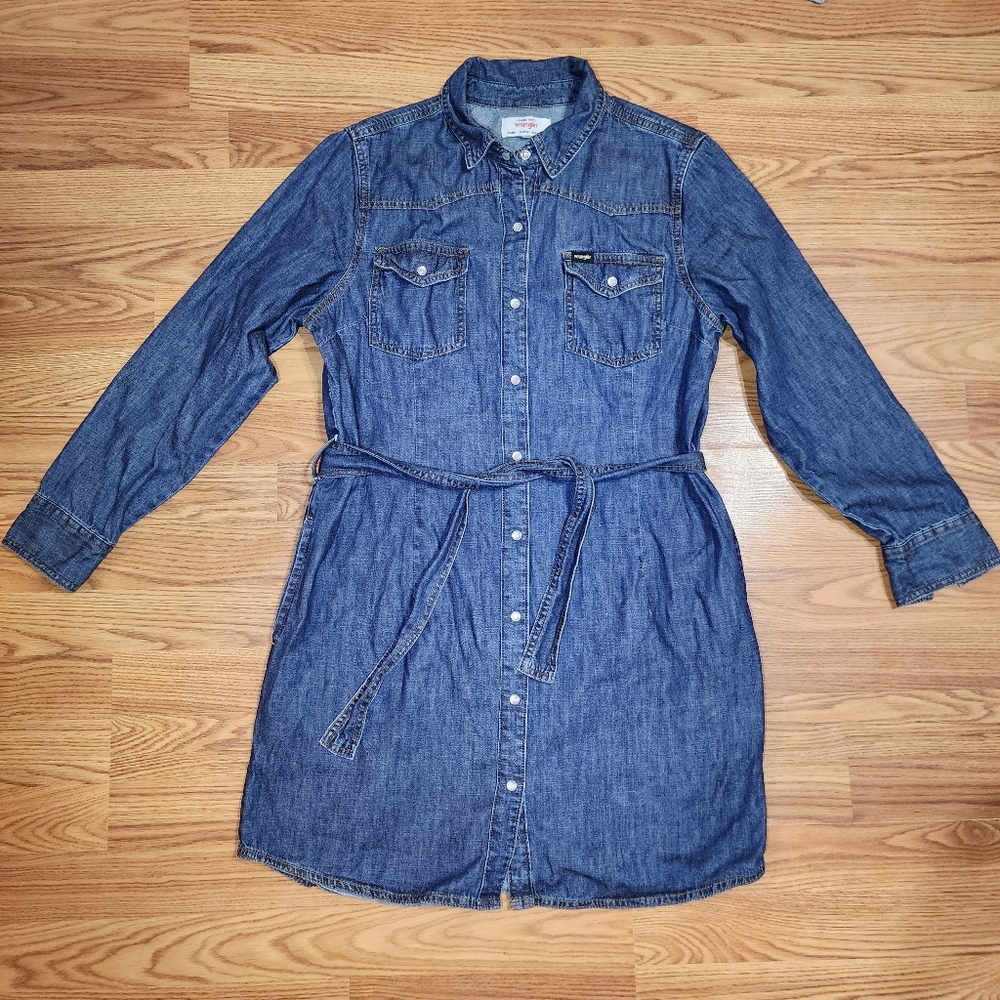 Wrangler Blue Denim Long Sleeve Shirt Dress with Waist Tie